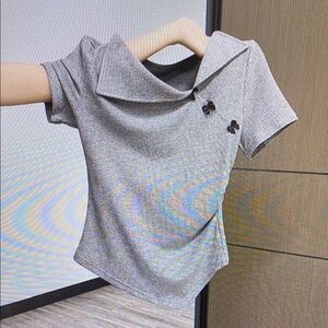 Gray Asymmetrical Fitted Blouse with Sailor Collar